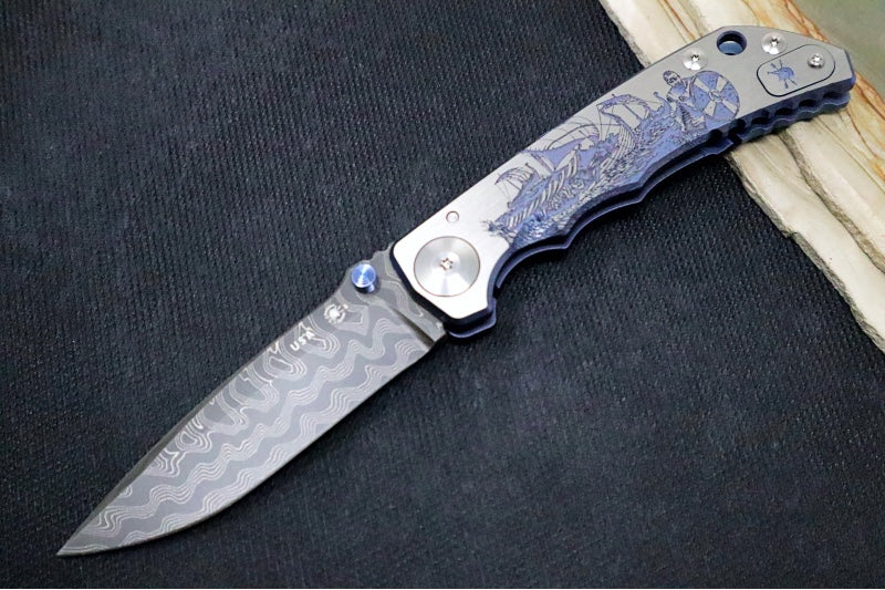 Spartan Blades HARSEY Titanium Folder 2022 Special Edition - Drop Point Blade / Chad Nichols Damascus / Viking Longboat Anodized Handle