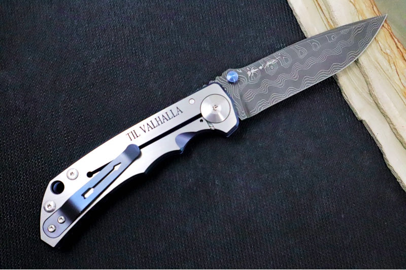 Spartan Blades HARSEY Titanium Folder 2022 Special Edition - Drop Point Blade / Chad Nichols Damascus / Viking Longboat Anodized Handle - Northwest Knives