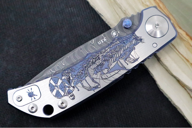 Spartan Blades HARSEY Titanium Folder 2022 Special Edition - Drop Point Blade / Chad Nichols Damascus / Viking Longboat Anodized Handle - Northwest Knives