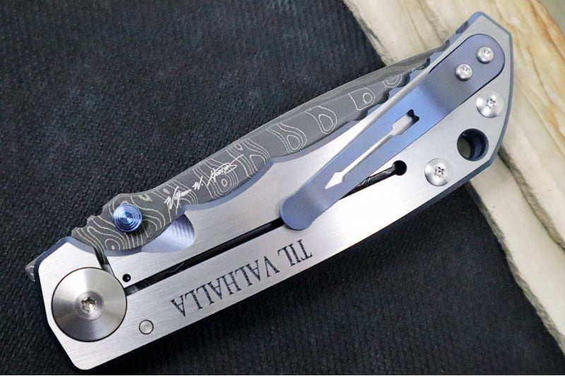 Spartan Blades HARSEY Titanium Folder 2022 Special Edition - Drop Point Blade / Chad Nichols Damascus / Viking Longboat Anodized Handle - Northwest Knives