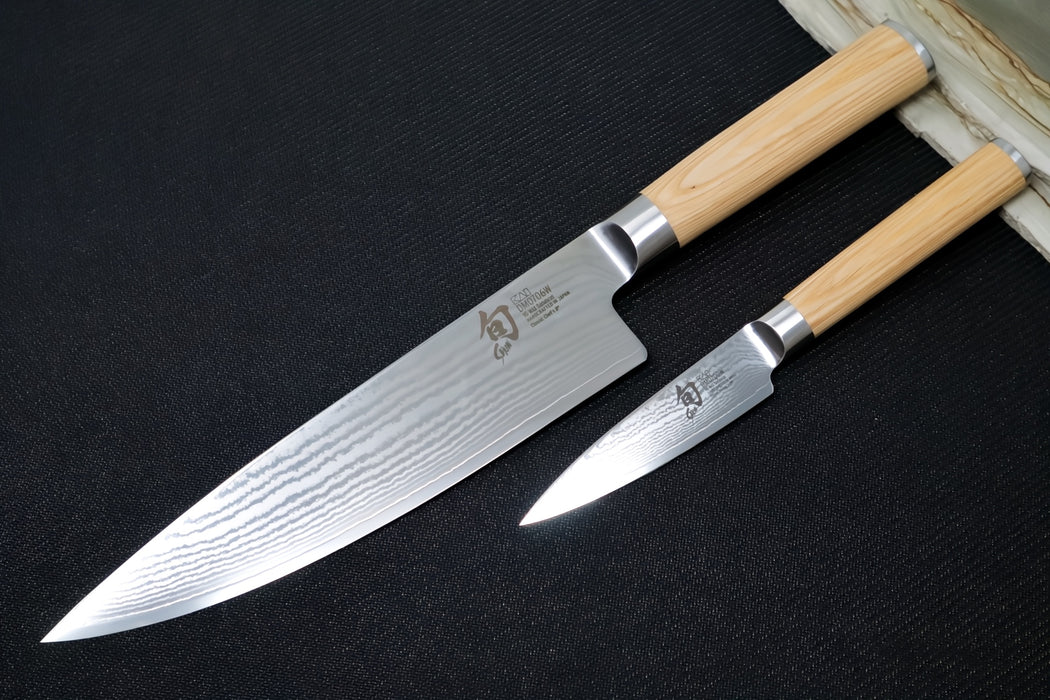 Shun Classic Blonde - 2pc Flat Set - 3.5" Paring & 8" Chef Knives - 69 Layered Damascus - Made in Seki City, Japan