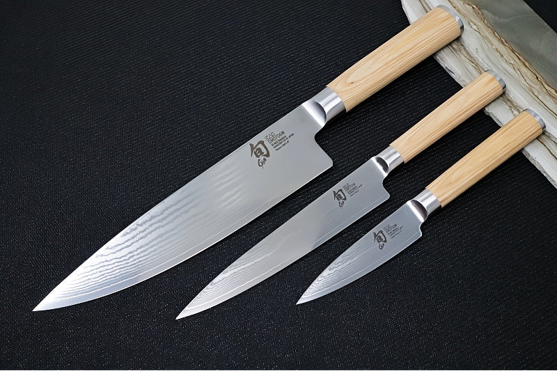 Shun Classic Blonde - 3pc Starter Set - 3.5" Paring & 6" Utility & 8" Chef Knives - 69 Layered Damascus - Made in Seki City, Japan