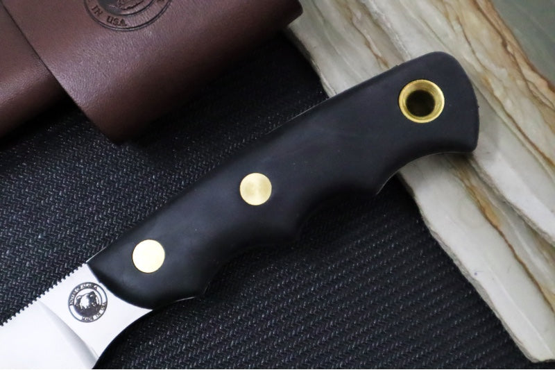 Knives of Alaska Alpha Wolf Fixed Blade - Black Surgrip Handle / D2 Tool Steel / Drop Point Blade / Brown Leather Sheath 00326FG