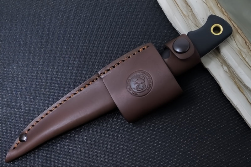 Knives of Alaska Alpha Wolf Fixed Blade - Black Surgrip Handle / D2 Tool Steel / Drop Point Blade / Brown Leather Sheath 00326FG