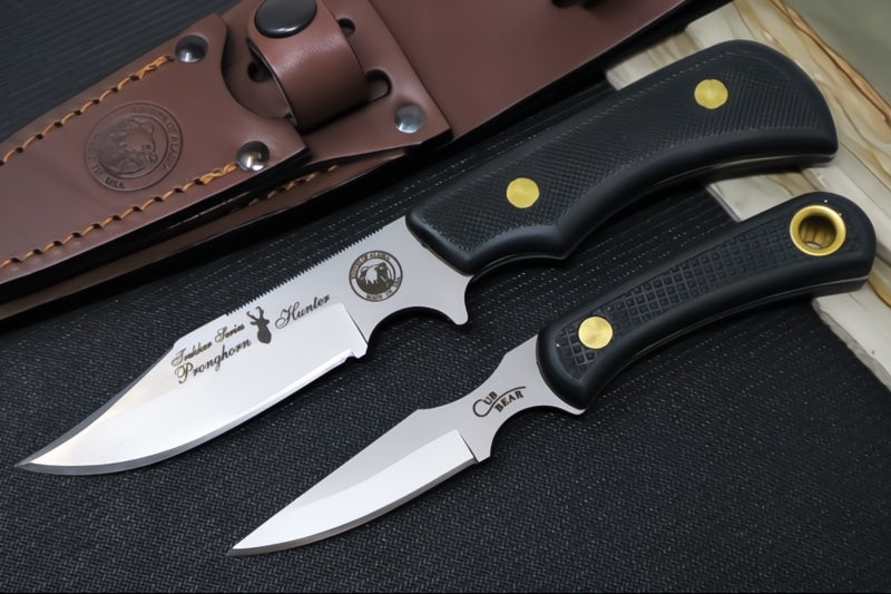 Knives of Alaska Trekker Pronghorn & Cub Fixed Blade Combo - Black Surgrip Handle / D2 Tool Steel / Clip Point Blade / Brown Leather Sheath 00197FG