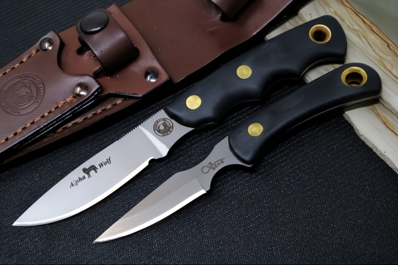 Knives of Alaska Alpha Wolf & Cub Fixed Blade Combo - Black Surgrip Handle / D2 Tool Steel / Drop Point Blade / Brown Leather Sheath 00358FG
