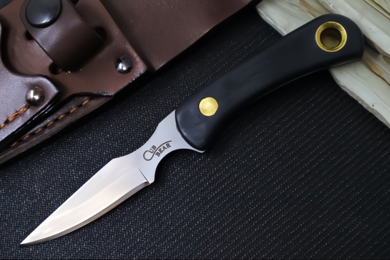 Knives of Alaska Alpha Wolf & Cub Fixed Blade Combo - Black Surgrip Handle / D2 Tool Steel / Drop Point Blade / Brown Leather Sheath 00358FG