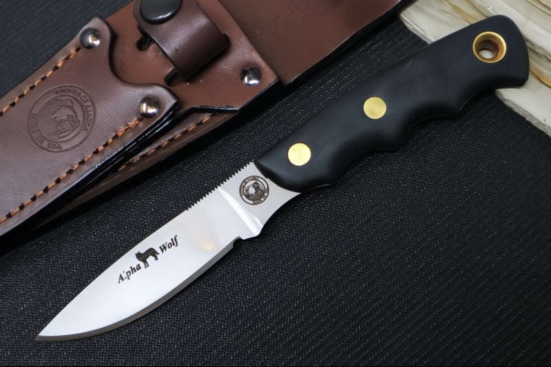 Knives of Alaska Alpha Wolf & Cub Fixed Blade Combo - Black Surgrip Handle / D2 Tool Steel / Drop Point Blade / Brown Leather Sheath 00358FG