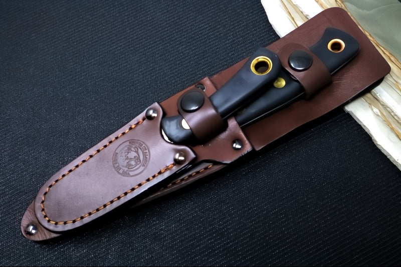 Knives of Alaska Alpha Wolf & Cub Fixed Blade Combo - Black Surgrip Handle / D2 Tool Steel / Drop Point Blade / Brown Leather Sheath 00358FG