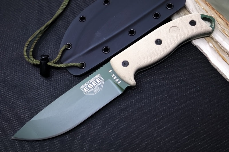 Esee Knives Model 5 - Natural Canvas Micarta Handle / 1095 Steel / OD Green Textured Powdered Blade 5P-OD-E