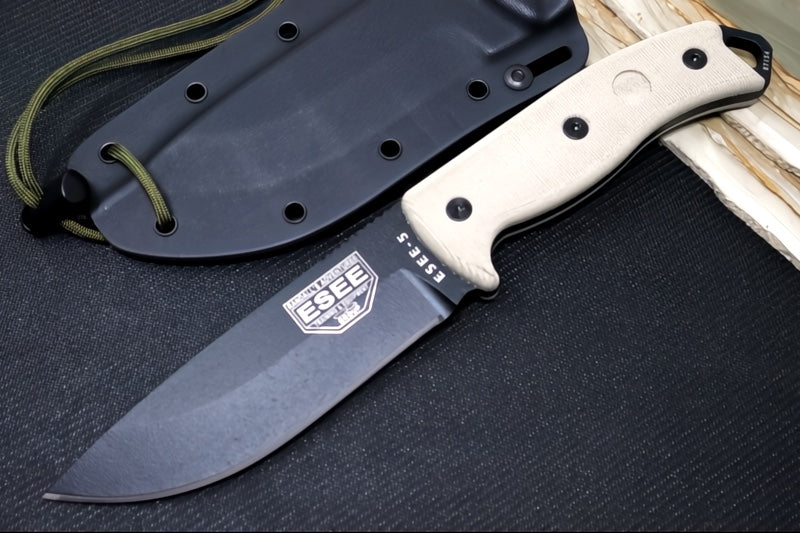 Esee Knives Model 5 - Natural Canvas Micarta Handle / 1095 Steel / Black Textured Powdered Blade 5P-E