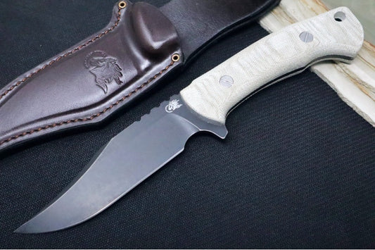 Rick Hinderer Knives Ranch Bowie -  Battle Black CPM-3V Blade / Natural Micarta Handle / Brown Leather Sheath