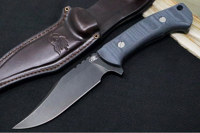 Rick Hinderer Knives Ranch Bowie -  Battle Black CPM-3V Blade / Black Micarta Handle / Brown Leather Sheath