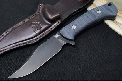 Rick Hinderer Knives Ranch Bowie -  Battle Black CPM-3V Blade / Black Micarta Handle / Brown Leather Sheath