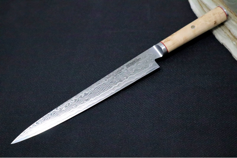 Miyabi Birchwood - 9" Slicing Knife - 100 Layered Flower Damascus - SG2 Powdered Steel - Japanese Masur Birch Handle - Made in Seki City, Japan