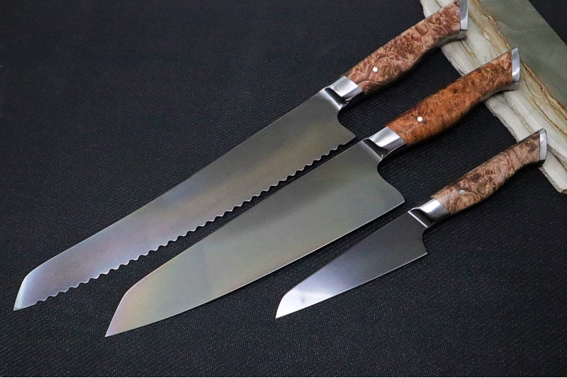 STEELPORT Knife Co. - 3pc Starter Set (10" Bread 8" Chef & 4" Paring) - American Forged 52100 Carbon Steel with Coffee Patina - Handcrafted In Portland, Oregon