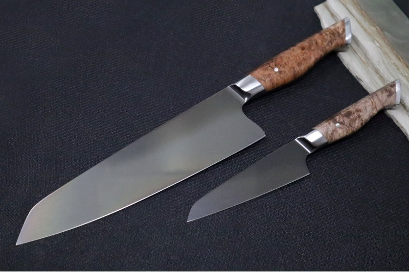 STEELPORT Knife Co. - 2pc Starter Set (8" Chef & 4" Paring) - American Forged 52100 Carbon Steel with Coffee Patina - Handcrafted In Portland, Oregon - Northwest Knives