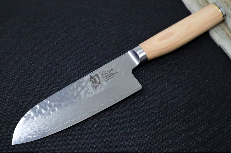 Shun Premier Blonde - 5.5" Santoku Knife - 69 Layered Damascus -Hammered Tsuchime Finish - Blonde Colored Pakkawood Handle - Made in Seki City, Japan