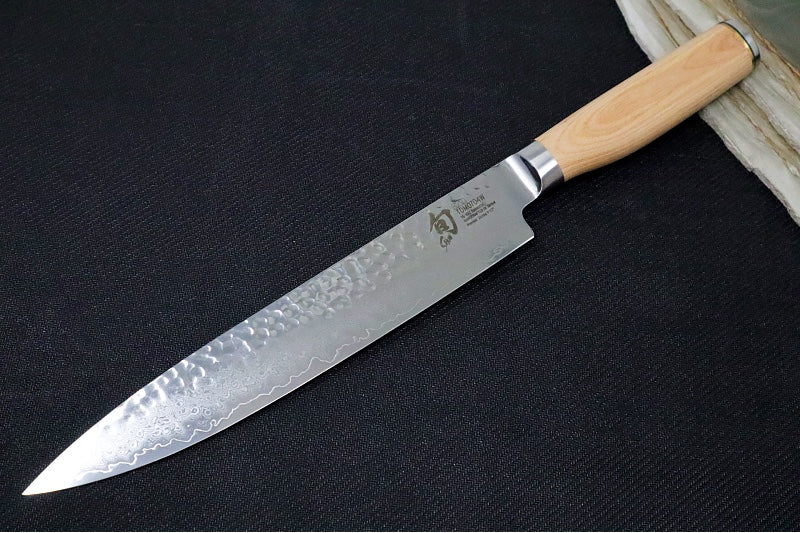 Shun Premier Blonde - 9.5" Slicing Knife - 69 Layered Damascus -Hammered Tsuchime Finish - Blonde Colored Pakkawood Handle - Made in Seki City, Japan