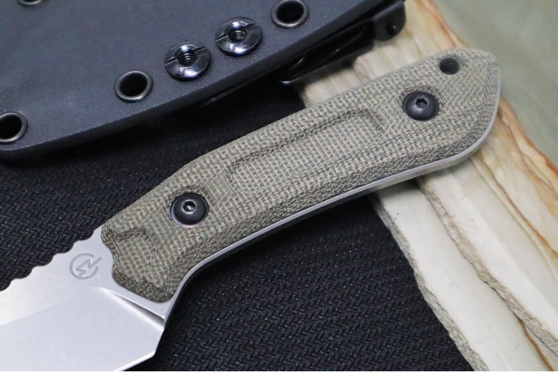 Schwarz Designs Overland Sport - Green Canvas Micarta Handle / CPM-Magnacut Blade / Stonewash Finish / Black Kydex Sheath