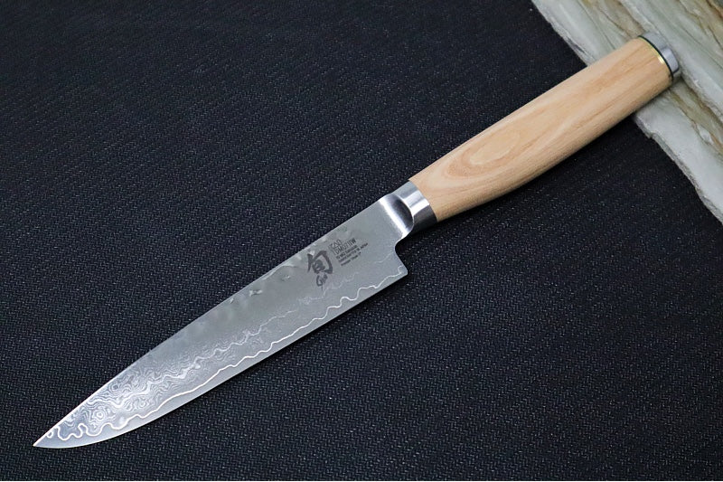 Shun Premier Blonde - 5" Steak Knife - 69 Layered Damascus -Hammered Tsuchime Finish - Blonde Colored Pakkawood Handle - Made in Seki City, Japan - Northwest Knives