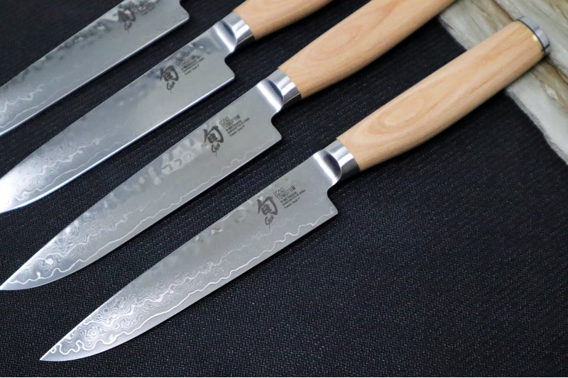Shun Premier Blonde - 4pc Steak Knife Set - 69 Layered Damascus -Hammered Tsuchime Finish - Blonde Colored Pakkawood Handle - Made in Seki City, Japan