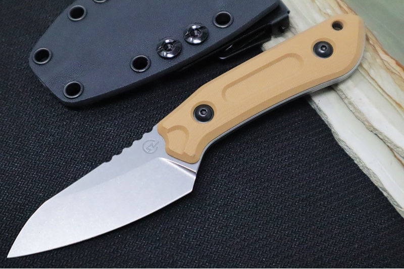 Schwarz Designs Overland Sport - Coyote Tan G-10 Handle / CPM-Magnacut Blade / Stonewash Finish / Black Kydex Sheath