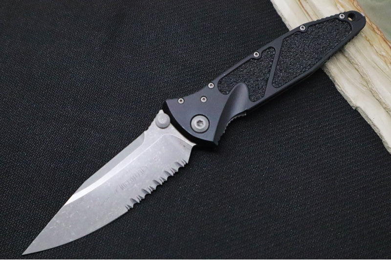 Microtech SOCOM Elite - Single Edge with Partial Serrates / Apocalyptic Finish / Black Anodized Aluminum Handle with Black Insertsd 160-11AP