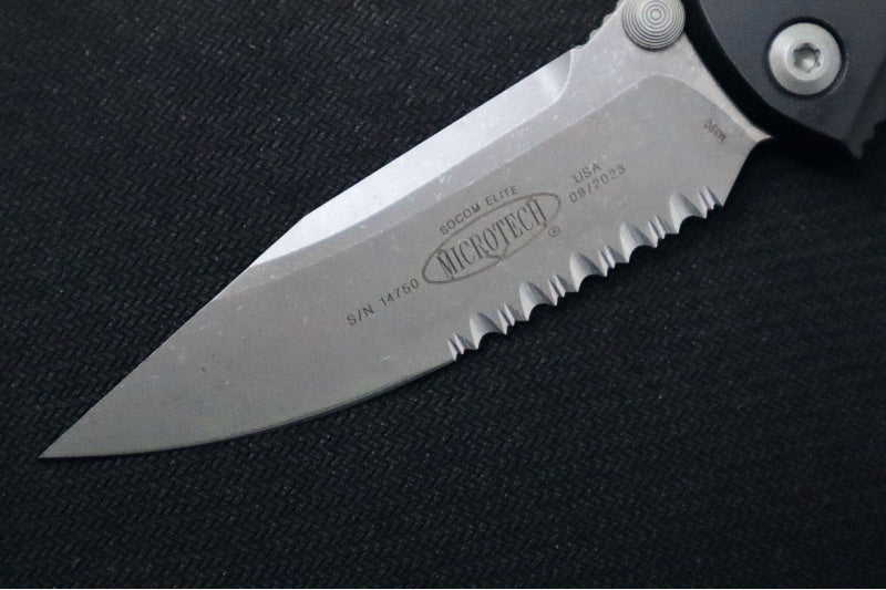 Microtech SOCOM Elite - Single Edge with Partial Serrates / Apocalyptic Finish / Black Anodized Aluminum Handle with Black Insertsd 160-11AP