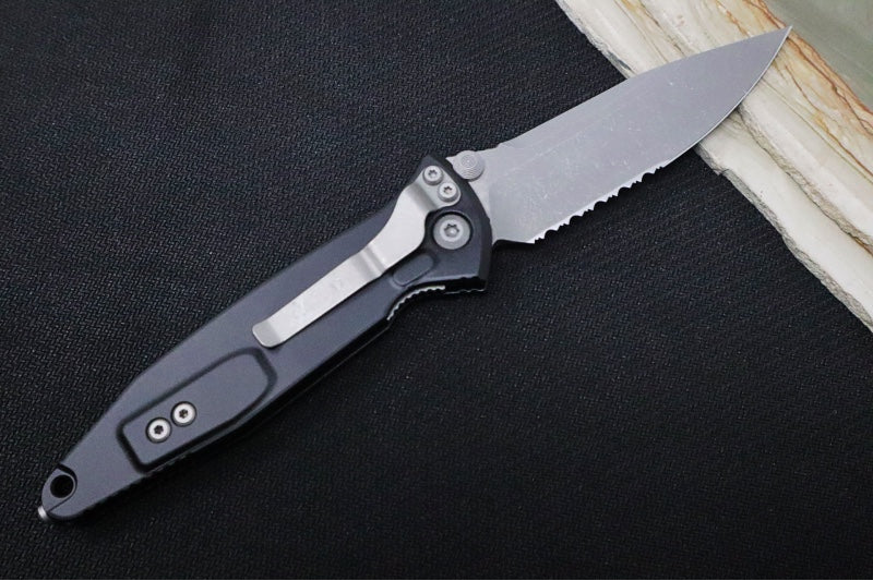 Microtech SOCOM Elite - Single Edge with Partial Serrates / Apocalyptic Finish / Black Anodized Aluminum Handle with Black Insertsd 160-11AP
