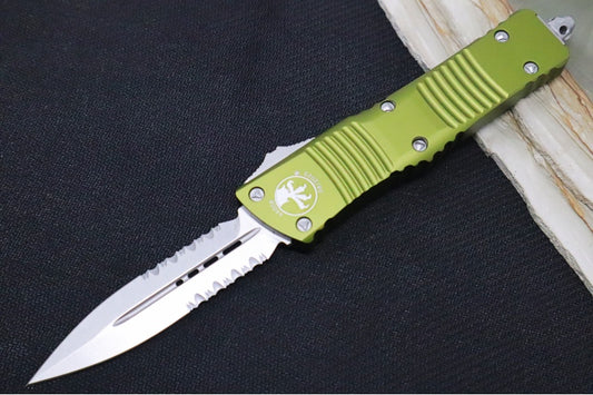 Microtech Combat Troodon OTF - Stonewash Finish / Dagger Blade with Partial Serrates / Green Aluminum Handle - 142-11OD