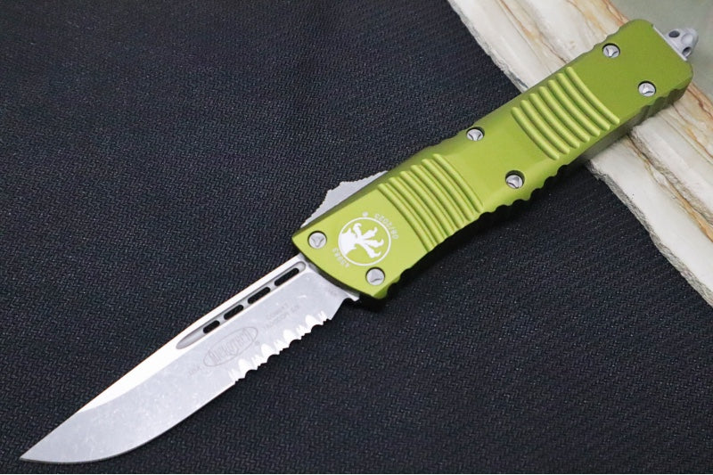 Microtech Combat Troodon OTF - Apocalyptic Finish / Single Edge Blade with Partial Serrates / Green Aluminum Handle - 143-11APOD