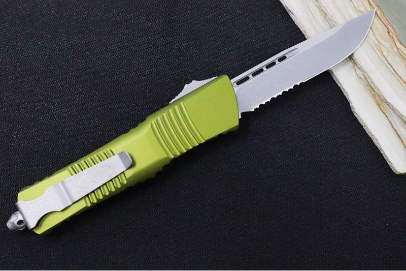 Microtech Combat Troodon OTF - Apocalyptic Finish / Single Edge Blade with Partial Serrates / Green Aluminum Handle - 143-11APOD