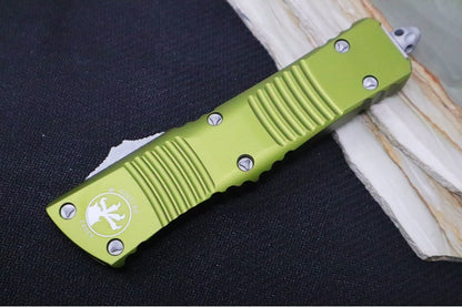 Microtech Combat Troodon OTF - Apocalyptic Finish / Single Edge Blade with Partial Serrates / Green Aluminum Handle - 143-11APOD