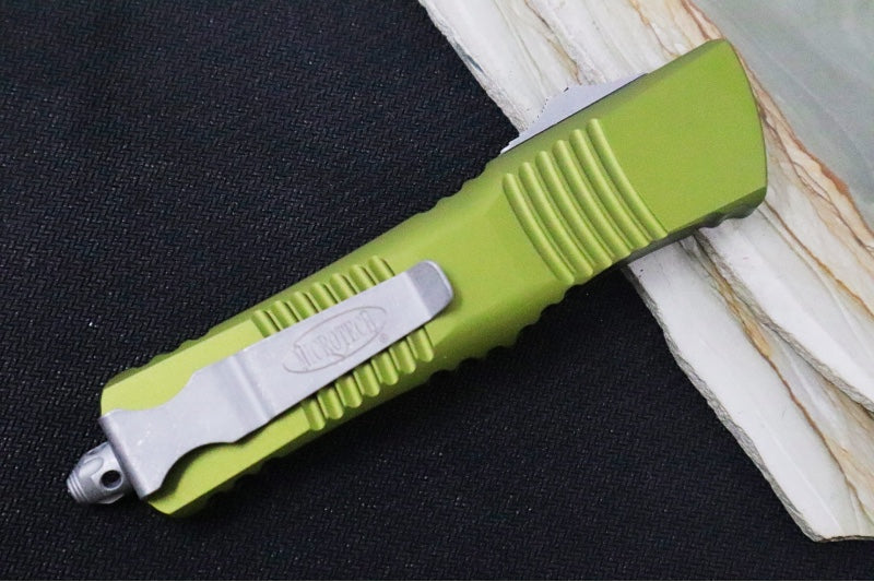 Microtech Combat Troodon OTF - Apocalyptic Finish / Single Edge Blade with Partial Serrates / Green Aluminum Handle - 143-11APOD