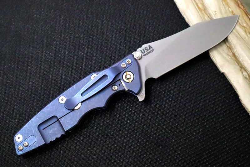 Rick Hinderer Knives Eklipse 3.5" Skinny - Hollow Ground Slicer Blade / CPM-Magnacut Steel / Black & Blue G-10 & Battle Blue Titanium Handle