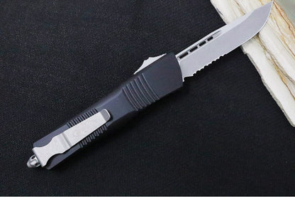 Microtech Combat Troodon OTF - Single Edge Blade with Partial Serrates / Apocalyptic Finish / Black Handle- 143-11AP
