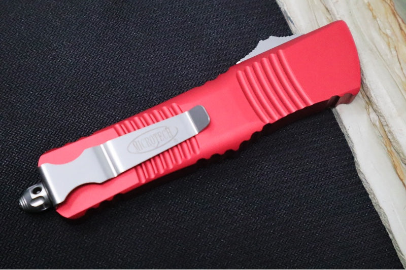 Microtech Combat Troodon OTF - Stonewash Finish / Single Edge Blade / Red Anodized Aluminum Handle - 143-10RD