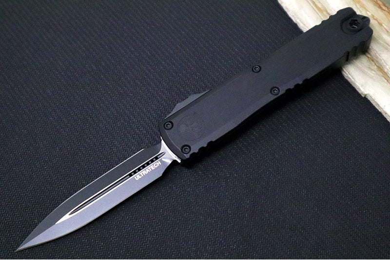 Microtech Ultratech ZBP (Zero Blade Play) OTF Tactical - Black Finish / Dagger Blade / Black Anodized Aluminum Handle 1122-1T