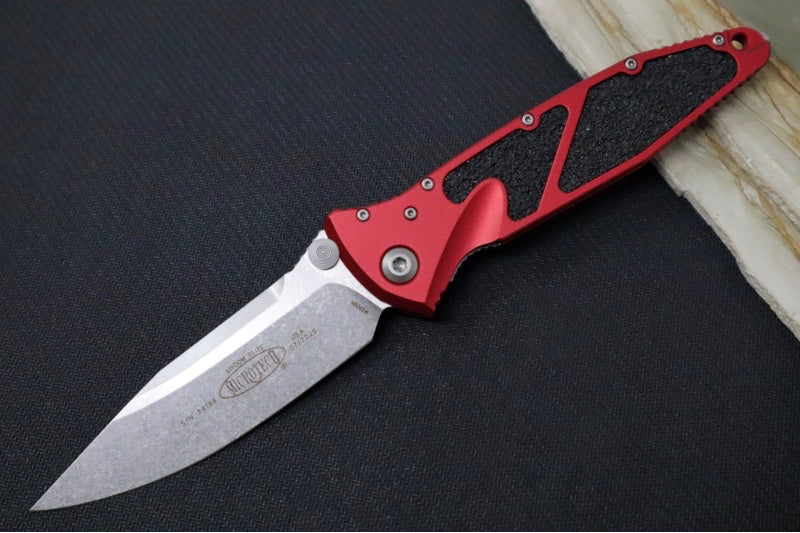 Microtech SOCOM Elite - Stonewashed Finish / Red Anodized Aluminum Handle w/ Black Inserts 160-10RD
