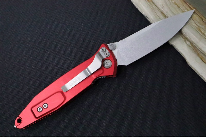 Microtech SOCOM Elite - Stonewashed Finish / Red Anodized Aluminum Handle w/ Black Inserts 160-10RD