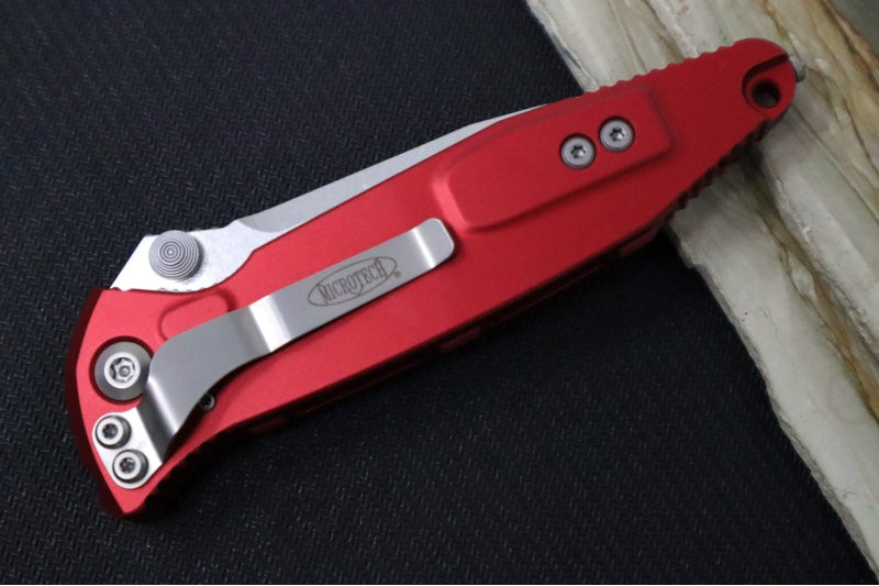 Microtech SOCOM Elite - Stonewashed Finish / Red Anodized Aluminum Handle w/ Black Inserts 160-10RD