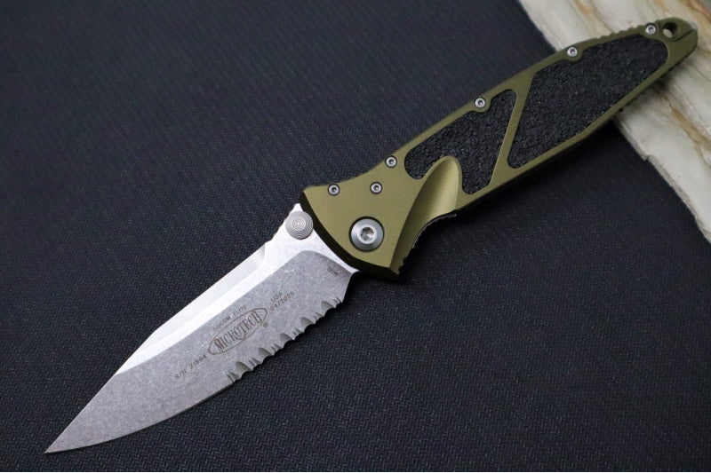 Microtech SOCOM Elite - Single Edge with Partial Serrates / Stonewashed Finish / OD Green Anodized Aluminum Handle with Black Inserts 160-11OD - Northwest Knives
