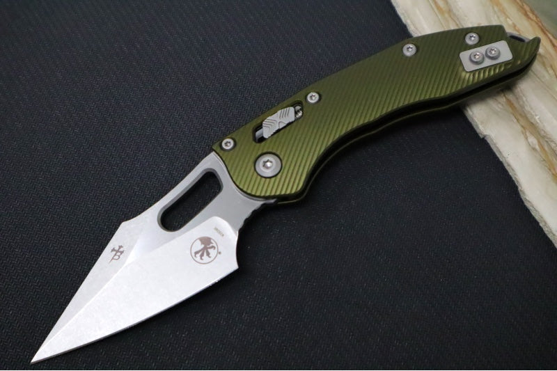Microtech Stitch RAM-Lock Manual - Spear Point Blade / Stonewash Finish / OD Green Fluted Anodized Aluminum Handle 169RL-10FLOD