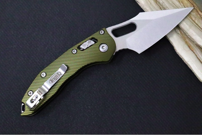 Microtech Stitch RAM-Lock Manual - Spear Point Blade / Stonewash Finish / OD Green Fluted Anodized Aluminum Handle 169RL-10FLOD