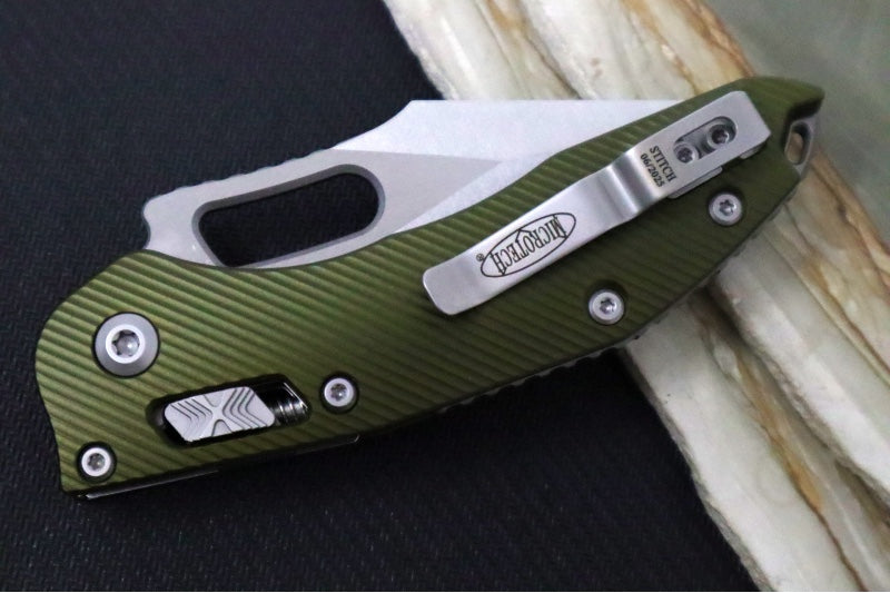 Microtech Stitch RAM-Lock Manual - Spear Point Blade / Stonewash Finish / OD Green Fluted Anodized Aluminum Handle 169RL-10FLOD