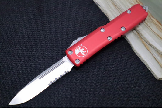 Microtech UTX-85 OTF - Single Edge with Partial Serrates / Stonewash Finish / Red Anodized Aluminum Handle - 231-11RD