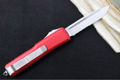 Microtech UTX-85 OTF - Single Edge with Partial Serrates / Stonewash Finish / Red Anodized Aluminum Handle - 231-11RD