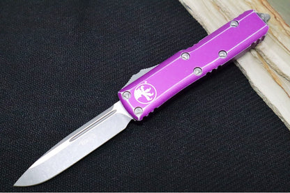 Microtech UTX-85 OTF -Single Edge Blade / Apocalyptic Finish / Distressed Violet Anodized Aluminum Handle - 231-10DVI