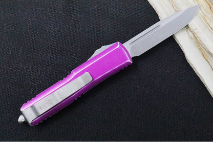 Microtech UTX-85 OTF -Single Edge Blade / Apocalyptic Finish / Distressed Violet Anodized Aluminum Handle - 231-10DVI